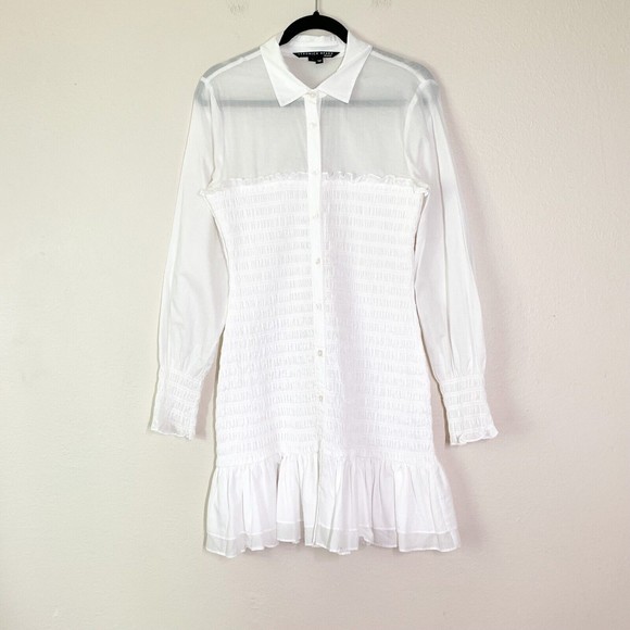 Veronica Beard Kelsey Mini Shirt Dress 8 White Long Sleeve Shirred Ruffle Hem - Picture 1 of 8